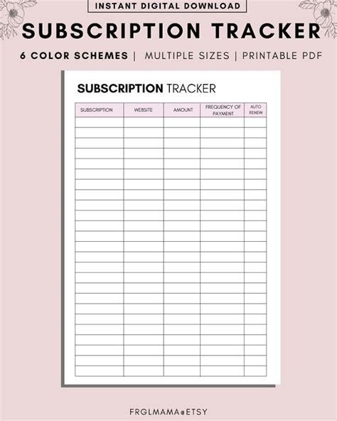 Subscription Tracker Printable Subscription Log Expense Etsy