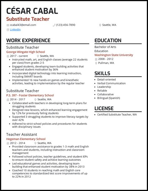 Substitute Teacher Resume Example