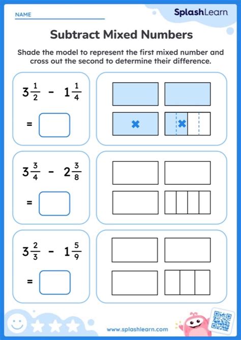 Subtract Mixed Numbers Using Fraction Models Worksheet