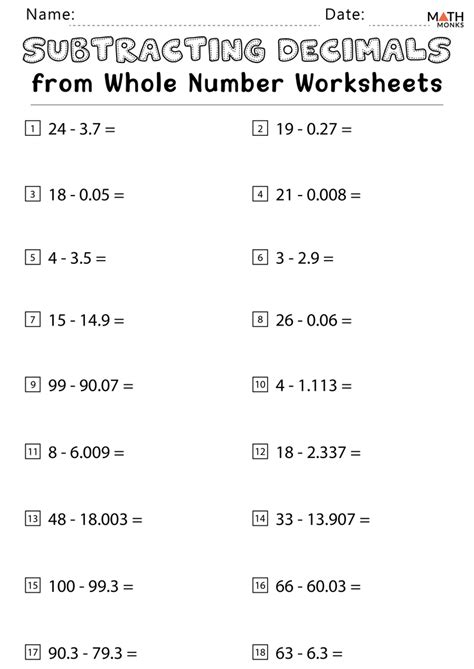 Subtracting Decimals Worksheet