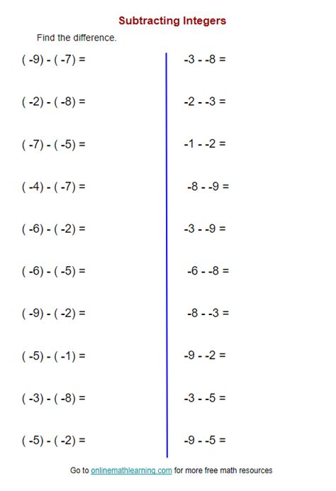 Subtracting Integers Worksheet With Answers