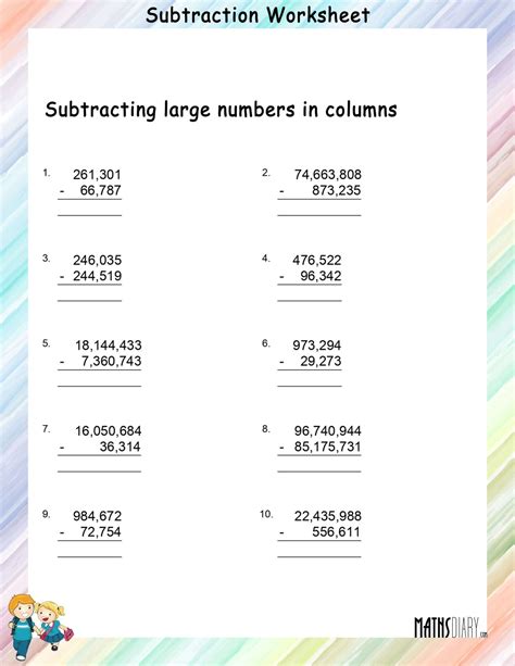 Subtracting Large Numbers Worksheets