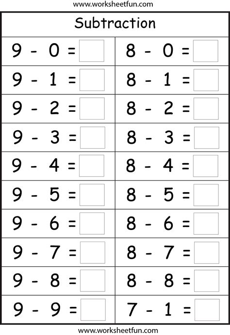 Subtraction Printable Worksheets