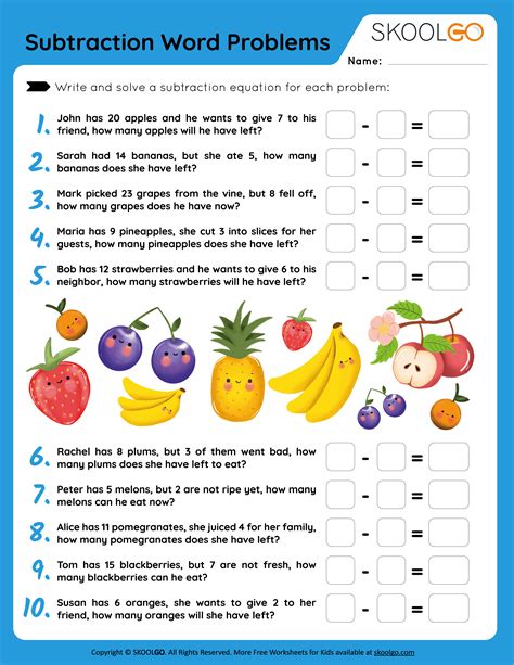 Subtraction Word Problems worksheet Word problems, Subtraction word