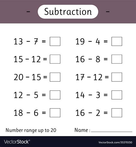 Subtraction number range up to 20 math worksheet Vector Image