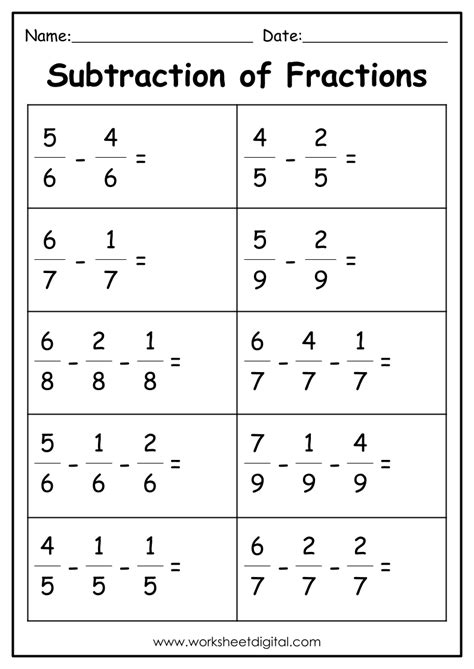 Subtraction of fraction worksheet.  Free kindergarten math worksheets from Super...