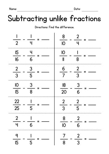 Subtraction of fraction worksheet.  Subtracting unlike fractions Denomina...