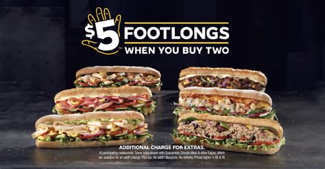 Subway $5 dollar footlong 2023. Get access to extra perks and member exclusives.*. You'll earn 10 points for every $1 spent, plus extra points when you order in the App or online. Every 400 points = $2 Subway® Cash to use toward purchases. You’ll receive birthday freebies, member-only offers, and other cool ways to use your points. 