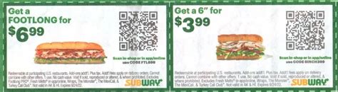 Subway Coupons: Free Footlong w/ Footlong & Drink Purchase, Footlong Sub $6.99, More Select Subway Restaurants: Footlong Meal for $8.50, 6" Sub for $4, Footlong Sub for $7, More $7.99. 