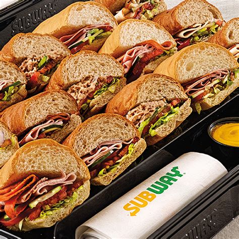 Subway sandwich platters. Subway® platters. Whether it’s match day with friends, a meeting at the office or a house party for the neighborhood, SUBWAY® stores has everything you need to make your next event a delicious success. Explore our menu to see all of the delicious large order options, including hunger-busting Giant Subs, Sub platters, quick and easy SUBWAY ... 