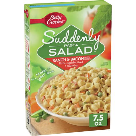 Suddenly salad bacon ranch. Festive and full of flavor, Suddenly Pasta Salad Ranch and Bacon makes a rich and satisfying side dish or zesty entree in minutes. It's as easy as boiling water! Perfect for taking to picnics or parties, each low-fat pasta salad mix contains enriched pasta, special seasonings, and a topping. You just add oil or mayonnaise. 