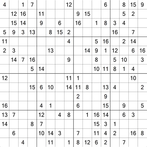 Sudoku 16 x 16. Super Sudoku. Il nostro sito presenta puzzle Super Sudoku per esperti e professionisti, con una griglia di 16x16 caselle. Ogni blocco è composto da 4x4 caselle. Il gioco deve essere risolto rispettando le regole del Sudoku. Il nostro gioco online è gratuito e funziona anche su telefoni cellulari e smartphone. 