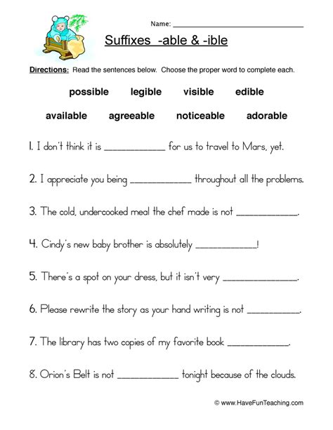 Suffix ABLE and IBLE Worksheet by Teach Simple
