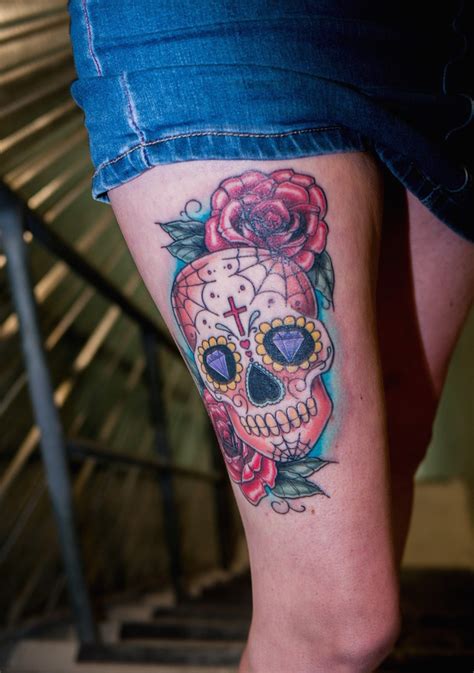 Sugar skull thigh tattoo. Things To Know About Sugar skull thigh tattoo. 