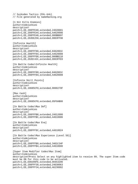 Suikoden v cheat codes.  If you're playing with the PCSX2 Emulator and ...