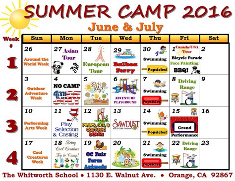 Summer Camp Schedule Example Calendar Printable
