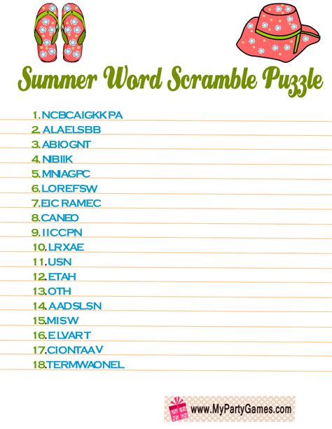 Summer Word Scramble Free Printable
