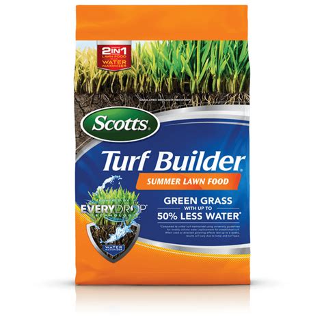 Summer grass fertilizer. This 2-in-1 fertilizer plus water maximizer is powered by Everydrop® Technology, a wetting agent which helps drives water into hard, dry soil; Apply to a dry lawn in the summertime or in drought conditions; This lawn care product can be used on all grass types; One 9.42 lb. bag of Scotts® Turf Builder® Summer Lawn Food … 
