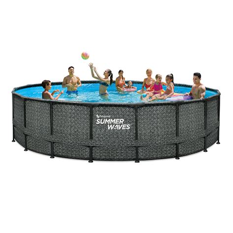 By Summer Waves Product Overview Description The entire family can take a refreshing dip in this fantastic Summer Waves metal frame pool. Featuring a decorative printed woven basket wicker look that adds pizzazz to your outdoor décor, this pool is large and deep enough to make some good strokes. .