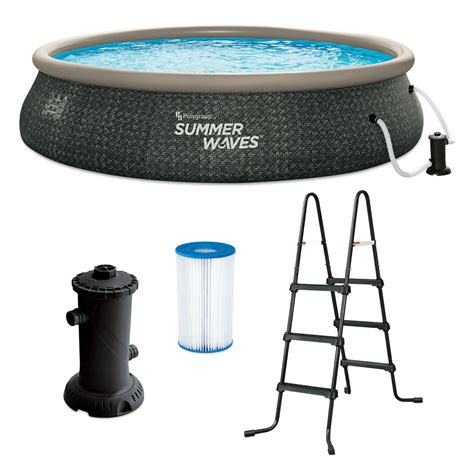Summer waves 16ft quick set pool. Quick Set technology allows quick & easy setup - just inflate the top ring and the pool rises as it fills with water. Includes RX330 Cartridge Filter Pump (110~120V) that will keep your pool water clean & refreshing. Includes GFCI plug & repair patch. Made with durable & puncture-resistant 3-ply, tough mesh materials. 