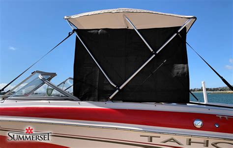 Summerset bimini sun shade. DUAL PONTOON BIMINI TOPS BENEFITS: Twice the shade--double the fun! Dual pontoon bimini tops provide full coverage and protection from sun and rain to increase the life span of your boat. Have a party on the water while keeping your passengers protected from the elements! Rear support poles stabilize the frame against the wind, but keep the top ... 