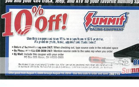 Last Saved $13.72. Trending Discount Code - Last worked an hour ago on Summit Racing Equipment. SPRING. Last Saved $11.93. Popular Discount Code - Last worked 17 minutes ago on Summit Racing Equipment. TREAT. Last Saved $14.96. Summit Racing Equipment Coupon Code - Last saved $14.96. MAPP1123.. 