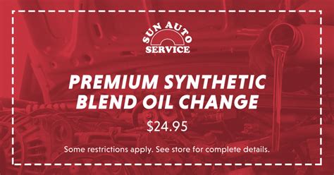 Sun auto oil change coupon. Sun Auto Service goes beyond the basic services you’d find at any other auto repair shop. While we complete all of the standard maintenance services, we also go one step further. Our ASE certified technicians do thorough inspections of your vehicle, and can provide same day service. Only the work you authorize will be completed, and our ... 