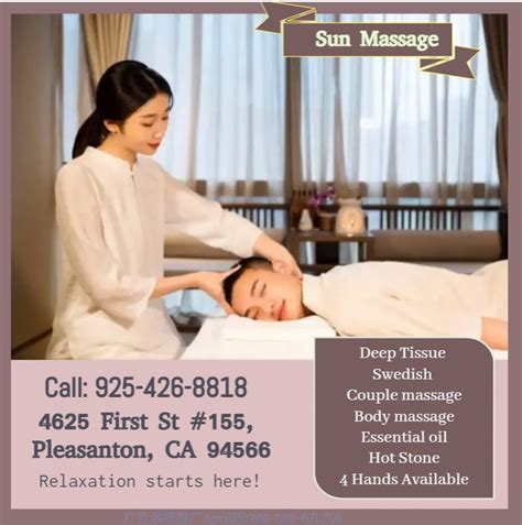 Sun massage therapy pleasanton photos. Mar 15, 2023 · 2 reviews for sunflower spa Signature Center, 4847 Hopyard Rd Ste 2, Pleasanton, CA 94588 - photos, services price & make appointment. ... Massage Therapy Center. 