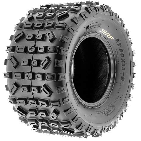 Sun-f tires. Front Size: 24x8-11 - Rear Size: 24x10-11 | Wheel (Rim) Diameter: Front 11 in - Rear 11 in. Directional angled knobby tread design great in most terrain with high performance on trails and suitable for desert, mud, dirt and rock applications. Features premium rubber in our hard compound to withstand the harshest racing conditions. 