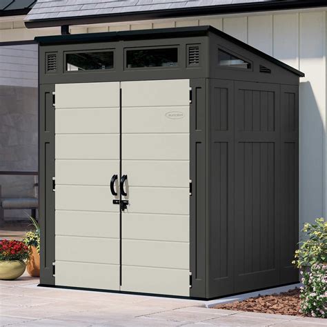 Suncast 6x5' modern shed assembly. This Extra Large Vertical Outdoor Storage Shed is perfect for storing a variety of lawn and gardening equipment. The slim footprint design fits nicely along a house or garage for when yard space is limited. 