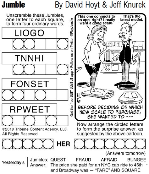 Jumble has been entertaining folks since 1954 and has been a classic game where scrambled words require you to unscramble them in order to find key letters that leads to a final word to be .... 