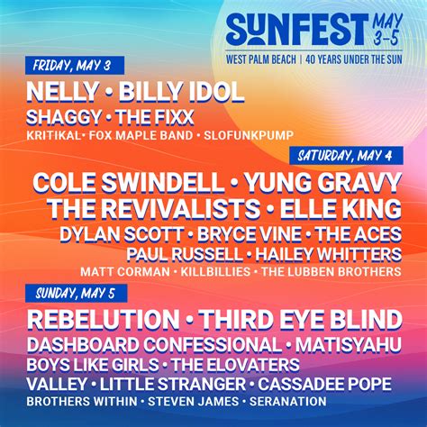 Sunfest 2024. The 2024 event will run from May 3 to May 5. It will be the 40th SunFest.The festival started in 1982, but was canceled in 2020 and 2021 due to the COVID-19 pandemic. 