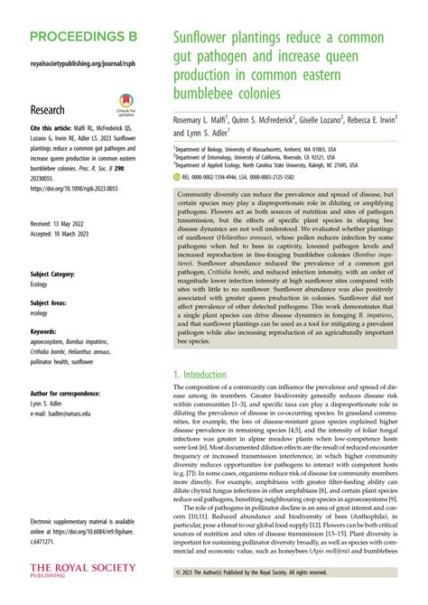 Sunflower plantings reduce a common gut pathogen and increase …