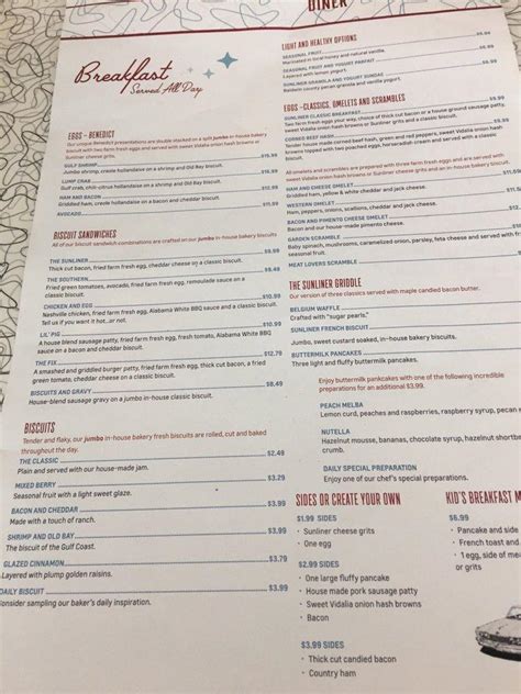 Sunliner Diner Menu: Breakfast Eggs & Omelettes *The Big Daddy-O Breakfast. 4 reviews 3 photos. $16.99 *Sunrise Biscuit & Gravy. 4 reviews 2 photos. $12.99 *Waffle Classic. 3 reviews 5 photos. $14.99 *Steak & Eggs. 2 reviews. $21.99 *Beegees Breakfast Combo. 2 .... 