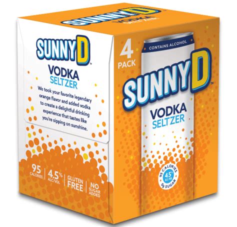 Sunny d hard seltzer. SunnyD Vodka Seltzers are available in four-pack cartons of 12 ounce slim cans or individually and will be available in major retailers such as Walmart, Total Wine & More, and other select independent retailers March 11th. The new 4.5% ABV seltzer contains real fruit juice, sparkling water, natural orange flavor, and vodka. 