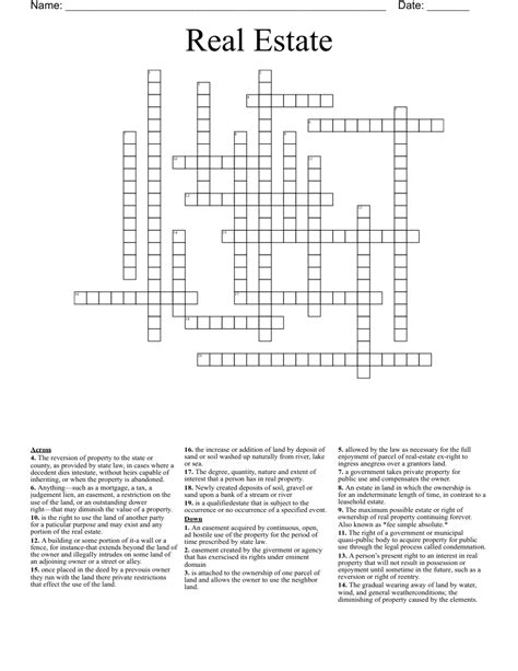 Find the latest crossword clues from New York Times Crosswords, LA Times Crosswords and many more. ... Sunny Day Real Estate genre 3% 10 PARCELPOST: Online real estate listing? 3% 9 WISEACRES: Savvy real estate investments? 3% 5 WILLS: Estate papers ...