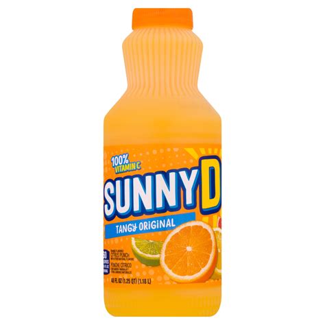 Sunnyd - Highlights. Twenty-four 6.75 fl oz bottles of SUNNYD Tangy Original Orange Juice Drink. Bold orange drink with a tangy flavor that is uniquely SUNNYD. Kids fruit juice drinks with 5% juice and 50 calories per bottle. Vitamin C drink with 80% daily value per bottle. Grab a bottle for on-the-go drinks or school lunches.