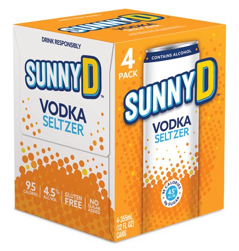 Sunnyd vodka. We have the perfect DIY Sunny D Vodka Seltzer recipe for you: Fill a glass with ice. Add 1.5 oz of your favorite vodka. Pour in 4 oz of Sunny Delight. Top off with 2 oz of seltzer water (orange-flavored seltzer is highly recommended to add a zesty twist). Gently stir the mixture to combine the ingredients. 