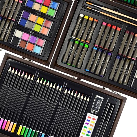 Sunnyglade 145 piece art set. Sunnyglade 145 Piece Deluxe Art Set, Wooden Art Box & Drawing Kit with Crayons, Oil Pastels, Colored Pencils, Watercolor Cakes, Sketch Pencils, Paint Brush, Sharpener, Eraser, Color Chart USD Now $40.48 