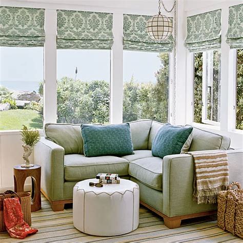 Sunroom curtains. Order custom roman shades from Spiffy Spools online in any size. Whether you’re looking for roman shades to cover the wide expanse of your wide sunroom windows, roman shades for bay windows, or even roman shades to fit narrow basement windows, we hand-stitch your window treatments to the exact dimensions of your windows. 