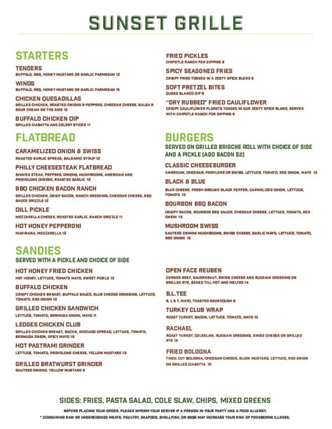 Sunset Grille 2024 daily menu - Ledges Golf Club