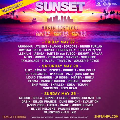 Sunset music festival 2024. Sunset Music Festival 2023- Promo Code: RAVEFAM Hosted By Ravefam Promotions. Event starts on Saturday, 25 May 2024 and happening at Raymond James Stadium, Tampa, FL. Register or Buy Tickets, Price information. 