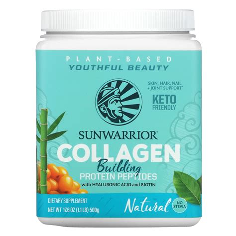 Sunwarrior. Sunwarrior’s plant-based collagen is a clean and animal-free alternative to traditional collagen supplements. No more hooves. No more hides. And no more horns. The collagen builder contains organic plant-based protein and protein peptides to support and boost your body’s natural production of collagen. Sunwarrior’s collagen also includes ... 