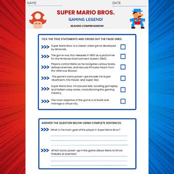 Super!Mario!Brothers!Printable!Reading!Comprehension! Name