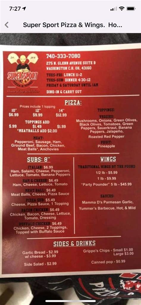 Wings and Mozzarella Sticks. Wings. Cooked wing of a chicken coated in sauce or seasoning. $7.50+. Mozzarella Sticks. Mozzarella cheese that has been coated and fried. $6.00+. Buffalo Wings. Chicken Wings breaded and fried, then tossed in Buffalo sauce. . Super sport pizza menu