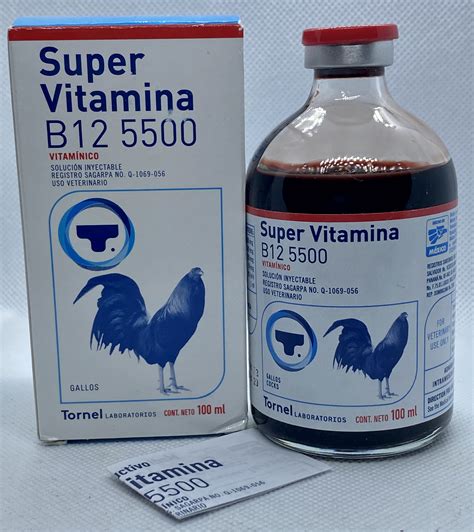 Super vitamina b12 5500. B12 - 5500 FOR ROOSTER 100 TABLETAS. DESCRIPCIÓN: Complejo B y minerales para gallos. Para gallos, gallinas y pollos. For roosters, hens and chickens. B12 - 5500 PARA GALLO. Vitamin B12 and Iron allow better oxygenation in the blood, muscles and other tissues of your bird, stimulates the formation of red blood cells and appetite, … 
