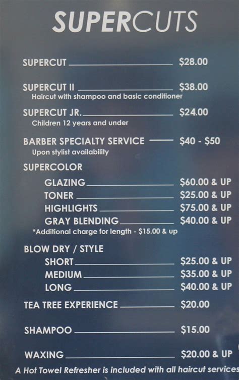 The Supercut Price List Advice ... Price List; Advice; Shop E-Gift Cards; Search. Cart. Quick links. Jobs Gender Pay Gap Report 2024 ... Great value haircuts for women and men in the UK: Just walk in, no appointment needed.. 