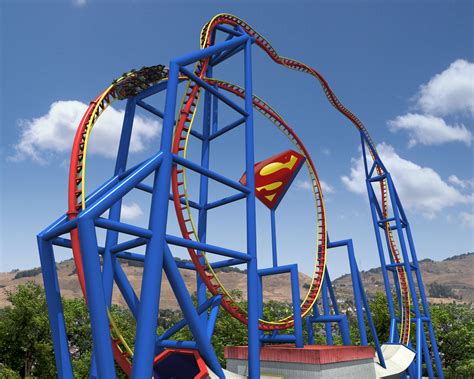 Superman ride at six flags. Step over the threshold of the giant iconic letter S, and into the world of stupendous speed and effortless fluidity. The red and gold tracks shoot in front of and behind you just like the blur of SUPERMAN’s cape, as you travel at hyper-sonic speeds most humans have never known. You’ll ride the way SUPERMAN flies face down and head first. 