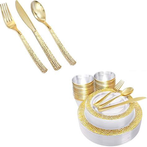 Supernal 180pcs Gold Plastic Silverware,Green Plastic Cutlery,Gold ...