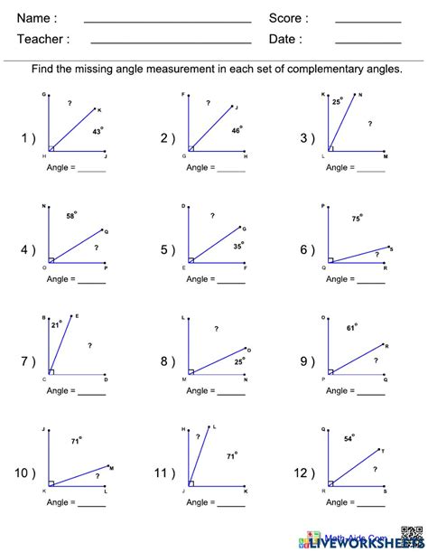 Supplementary Angles Worksheet Answer Key